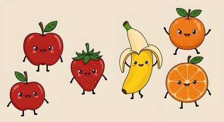 Cute Cartoon Fruit Characters Smiling and Standing Together on Light Background