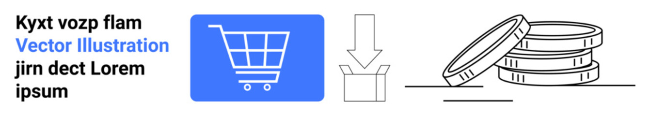 Shopping cart icon, downward arrow, and coins concept emphasizing online purchases, transactions, savings, and digital commerce. Ideal for retail, e-commerce, investment finance sales and simple