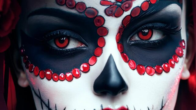 This striking portrait features a woman with elaborate sugar skull makeup, adorned with red roses. The vibrant contrast evokes emotion and celebrates cultural heritage.