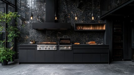 Modern outdoor kitchen design dark grey minimalist sleek cabinetry