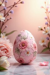 Fototapeta premium Beautifully decorated pink Easter egg surrounded by delicate flowers on a soft pastel background
