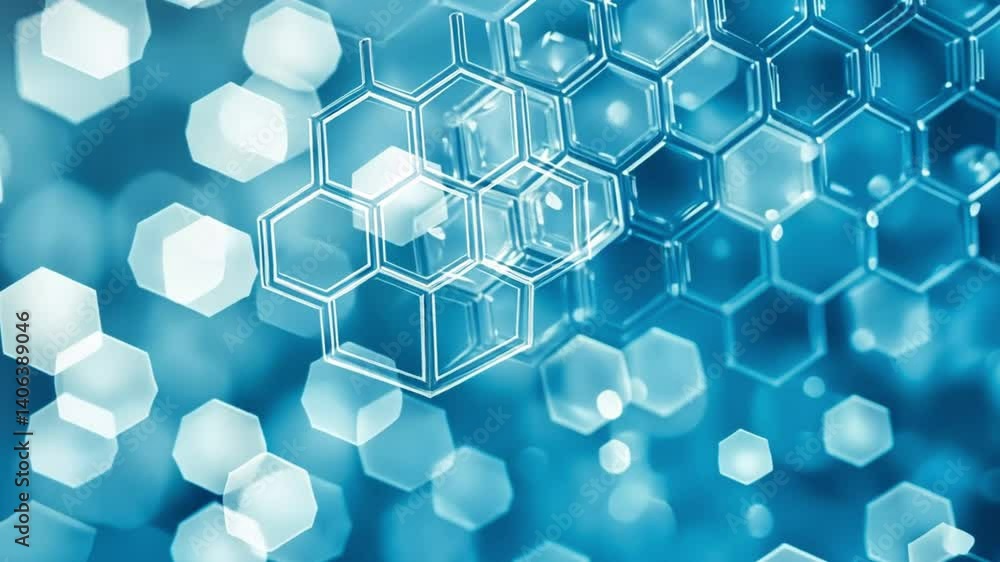 Poster abstract blue hexagonal shapes with soft bokeh background