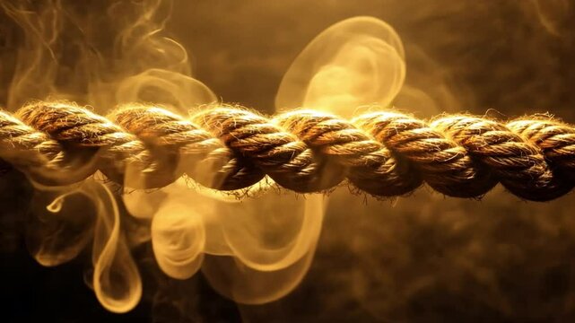 Smoldering Rope: A close-up shot of a thick, textured rope, intricately woven, with wisps of ethereal smoke curling around its sturdy fibers, hinting at unseen energy and transformation.