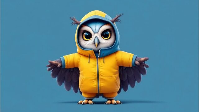 Cartoon Owl Standing Wearing a Yellow Hoodie on Blue Background