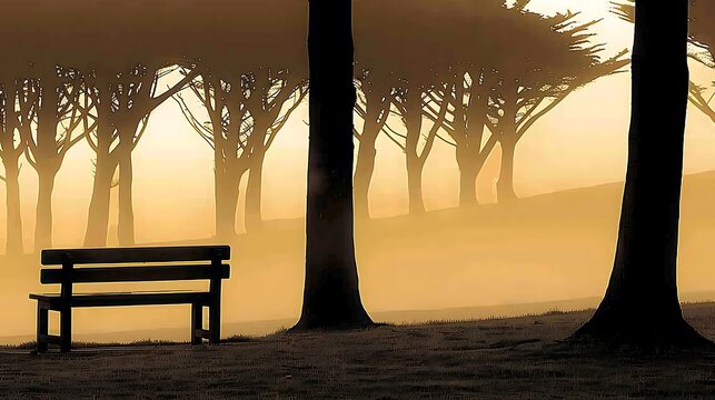 Misty morning scene with park bench and trees.