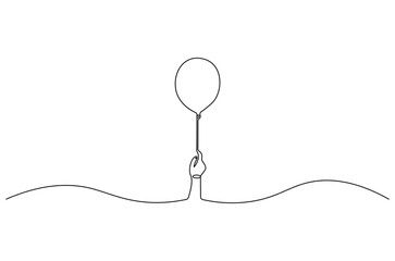 Obraz premium Continuous one line drawing of Hand holding ballon. Single line drawing illustration of Air balloons. Birthday decoration concept vector art. Doodle line illustration.