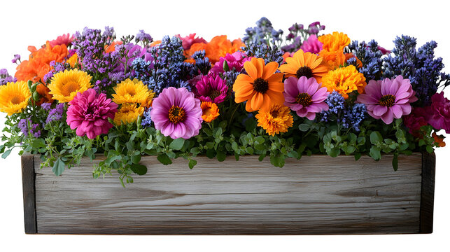 Fototapeta Decorative flower box with blooming flowers, isolated on white background