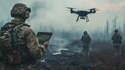 Military personnel operating a drone in a tactical environment.
