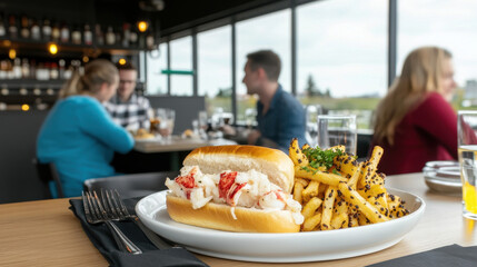 delicious lobster roll served with seasoned fries in modern restaurant setting, showcasing vibrant dining atmosphere