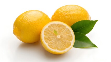 A still life image of two lemons, one cut in half and a lemon slice on a white background
