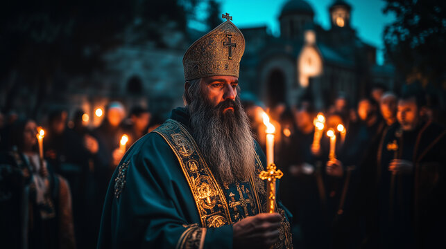 Orthodox Pentecost, Orthodox procession walking around the church carrying lighted candles at night, the priest in front wearing a miter and carrying a golden cross, Ai generated images