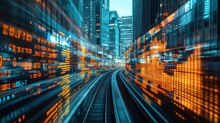 Fast-paced urban transit system, data streams, and city lights blur