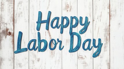 Rustic wood planks background with blue cursive lettering reading "Happy Labor Day". Can be used for greeting cards, posters and promotional materials.