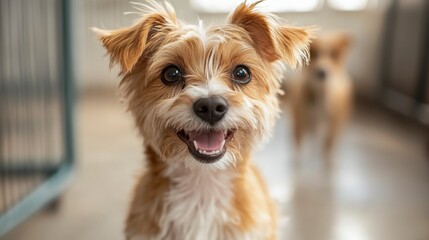 Happy Small Dog with Fluffy Fur and Bright Smile in Indoor Space