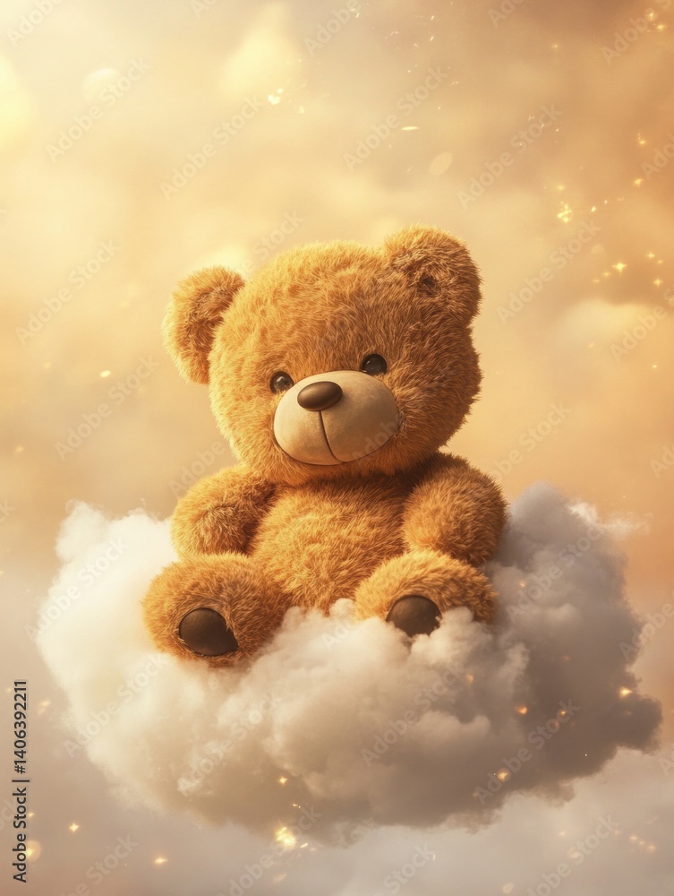Poster teddy bear resting on a fluffy cloud while pastel colors fill the evening sky creating a dreamy and 