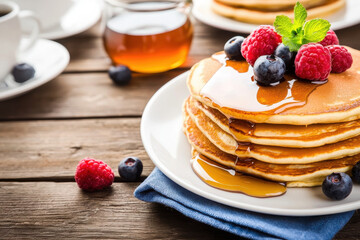 Delicious pancakes topped with fresh berries and syrup create delightful breakfast experience