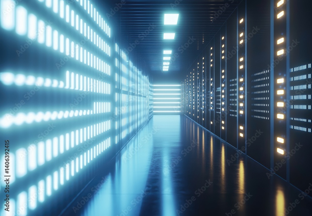 Poster futuristic corridor of glowing data servers illuminated in bright blue and white lights. ideal for d