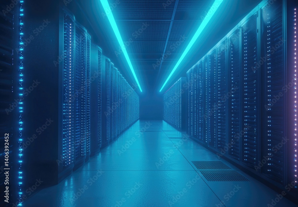 Poster dark futuristic server room with glowing blue led racks and ceiling lights, symbolizing digital infr