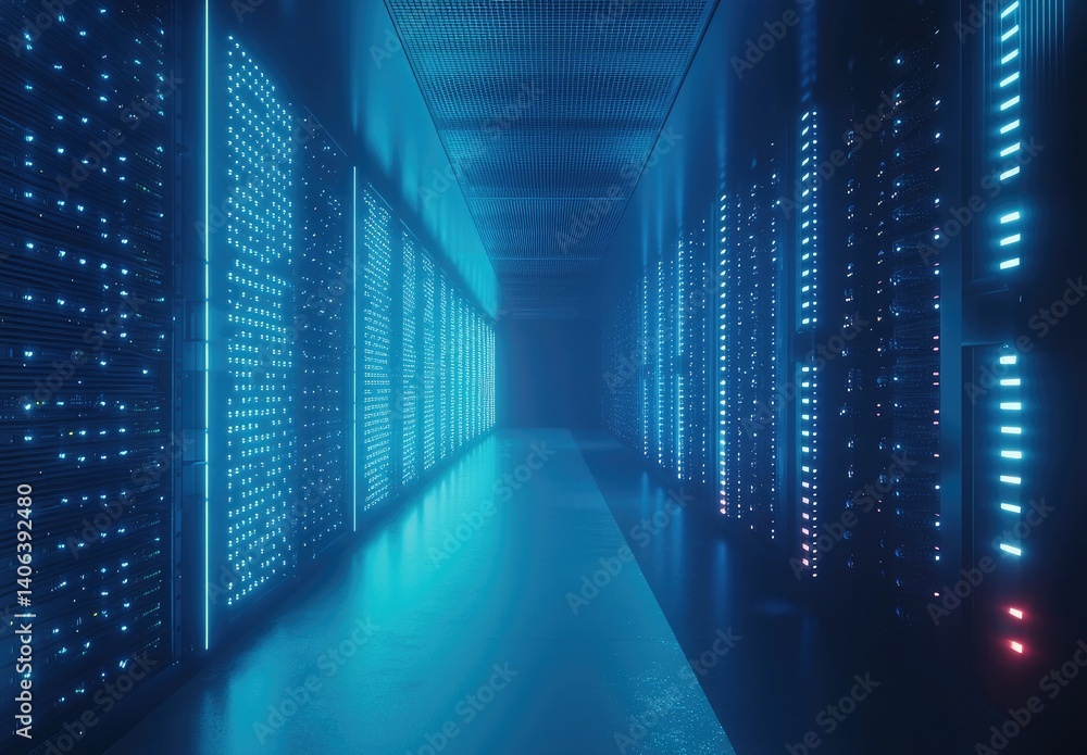 Poster futuristic server room corridor lit with intense blue led lights on both walls. perfect for tech inf