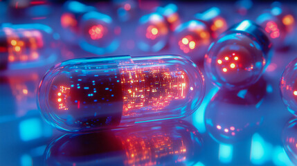 pharmaceutical pills with chip glowing circuits embedded inside