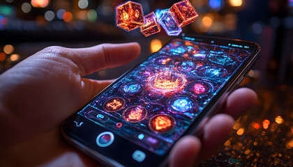 Hand Holding Smartphone Displaying Vibrant Mobile Game with Glowing Dice