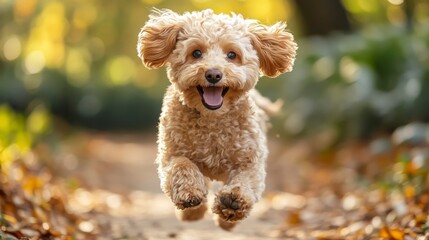 Happy Dog Running Through Fall Foliage in Sunny Outdoor Setting