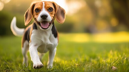 Happy Beagle Dog Running on Green Grass in Soft Sunset Light
