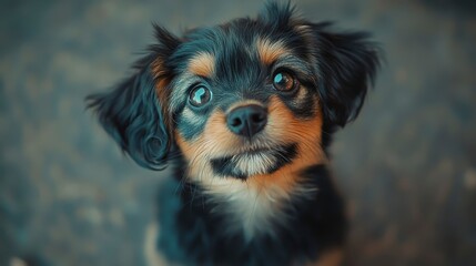 Cute small dog with expressive eyes looking up at the camera