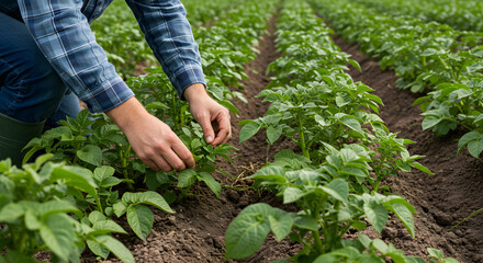 Farmer Inspecting Potato Plants for Pests in Lush Field Rows