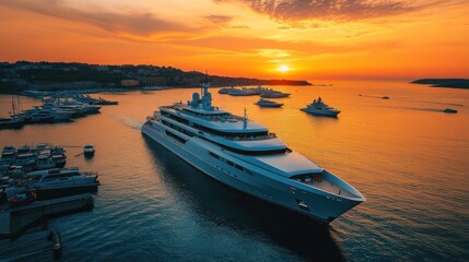 Luxurious yacht at sunset in a harbor filled with other yachts