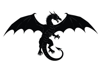 Dragon silhouette. This image features a black silhouette of a fierce dragon with detailed wings, tail, and claws in a majestic pose. Vector illustration black clipart design.