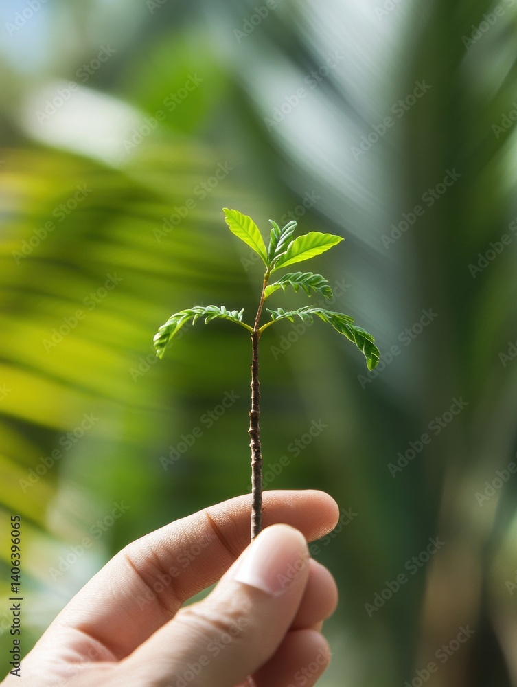Poster tiny tree nurtured in an open palm showcases the importance of nature care and environmental protect