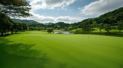 Lush golf course fairway with a tranquil lake vista.