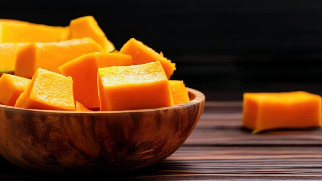 Vibrant orange squash cubes arranged in a wooden bowl create a stunning visual. Perfect for food photography, this image captures freshness and natural appeal.