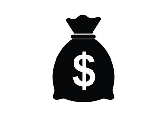 Money bag silhouette. This image showcases a black silhouette of a classic money bag tied with a cord and marked with a currency symbol. Vector illustration black clipart design.