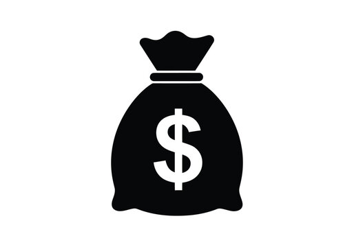 Money bag silhouette. This image showcases a black silhouette of a classic money bag tied with a cord and marked with a currency symbol. Vector illustration black clipart design.