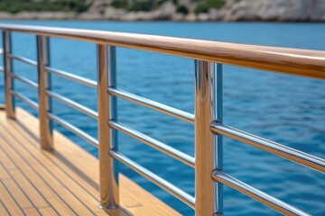 Yacht railing over ocean background wood deck and chrome safety bars