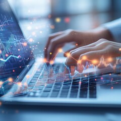 Businesswoman's hands scrolling through data on laptop, analyzing company performance charts, close-up view