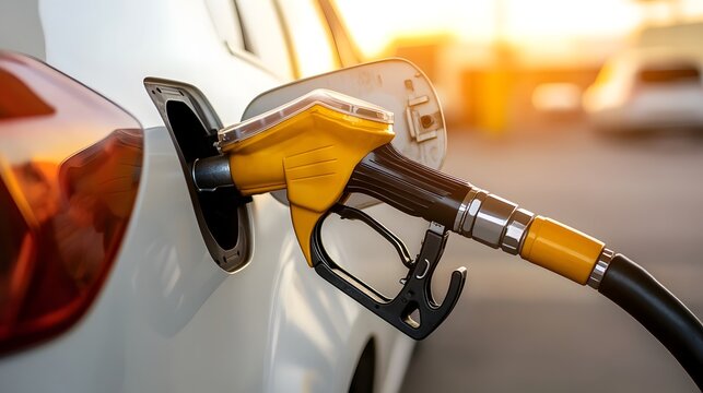 Fueling a car at a gas station during sunset