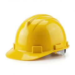 Fototapeta premium A bright yellow hard hat sitting upright on a plain surface view isolated on white background