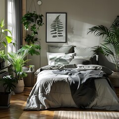A bedroom interior with tropical plants and a bed.