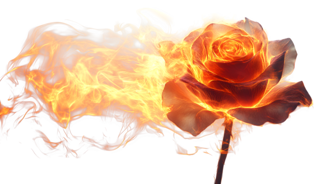 Flaming rose, burning flower effect, HD, isolated on white background