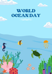 World Ocean Day design concept for poster, banner, background. Underwater sea animals illustration with sea turtle, fish, jelly fish and coral