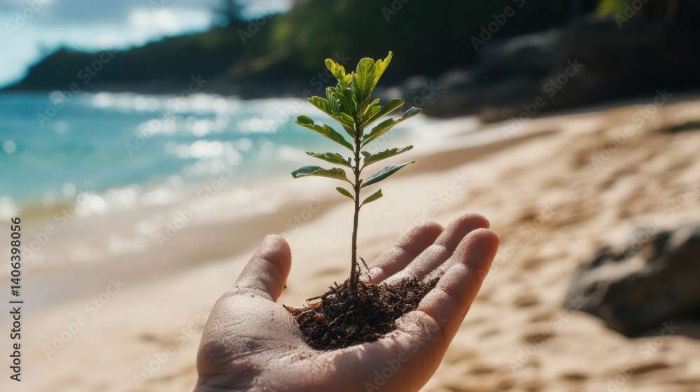 Poster Tiny tree nurtured in open palm symbolizes the importance of nature conservation