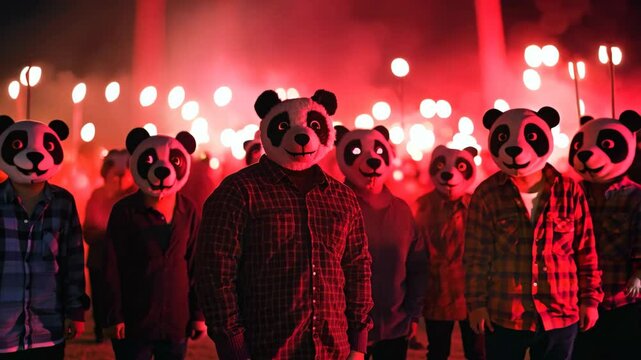 A vibrant scene featuring a crowd of people wearing panda masks, illuminated by colorful lights. This playful and unique image captures the fun and energy of a nighttime celebration.