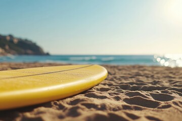 Yellow surfboard on beach ocean scene summer vacation coastal lifestyle