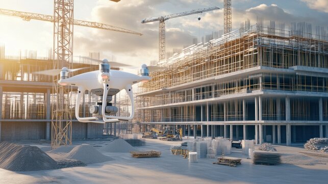 Drone surveying construction site at sunset (1)