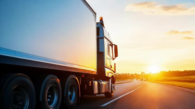 A truck drives along an open highway during sunset, showcasing the beauty of transportation. Warm sunlight illuminates the road ahead, creating a serene travel scene.