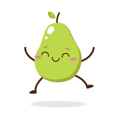 Cute green avocado cartoon character with happy face, showing a Joyful pose. Perfect for kids illustrations, healthy food designs, or educational materials. Isolated on white background with soft shad