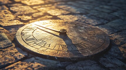 Ancient sundial on stone pavement at sunset